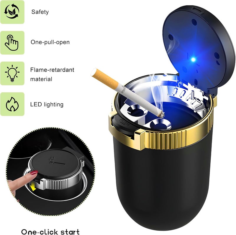 MUQIDA Car Ashtray with Lid, Auto Portable Stainless Steel Smokeless Ash Tray with LED Light, Detachable Windproof Ashtray Mini Trash Can for Most Car Cup Holder Home Office (Golden) - Image 3